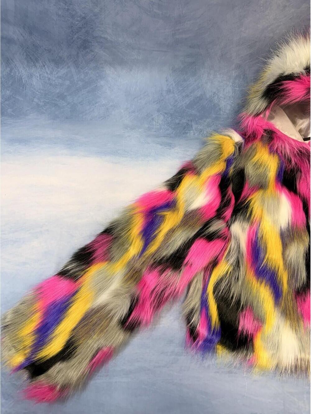 Rockstar Original Women Faux Fur Multicolor Hooded Crop Jacket NWT Size M - Picture 7 of 16